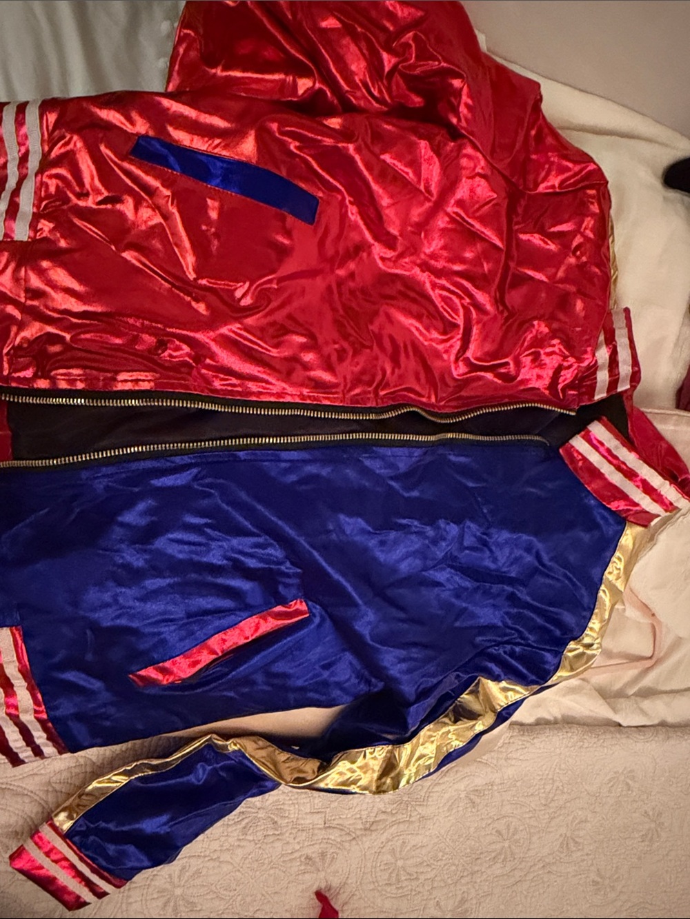 INC International Concepts Red and Blue Satin Two-Tone Bomber Jacket